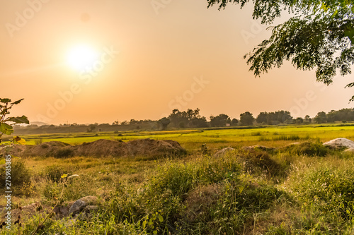 Awesome looking of sunrise in morning with red sun shine with farmland background.