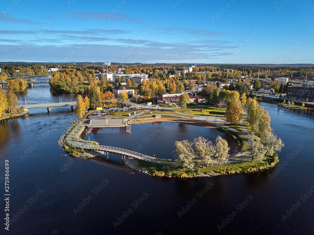 Aerial view of a new public space on an island in a European city. Ilosaari Island in Joensuu, Finland.