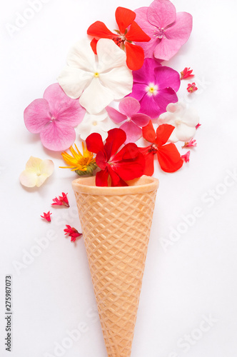 Waffle ice cream cone with flowers
