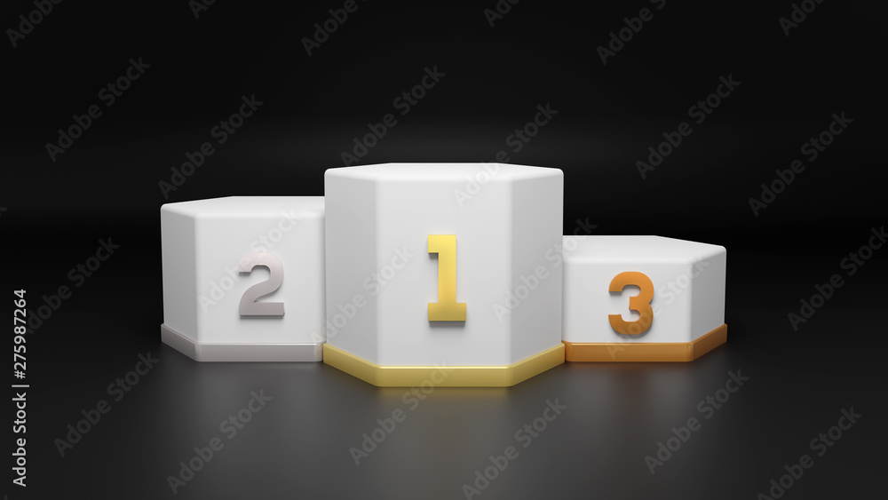 White empty winners podium. First, second and third places pedestal on black background. 3D rendering image. White empty winners podium. First, second and third places pedestal on black background. 3D rendering image.