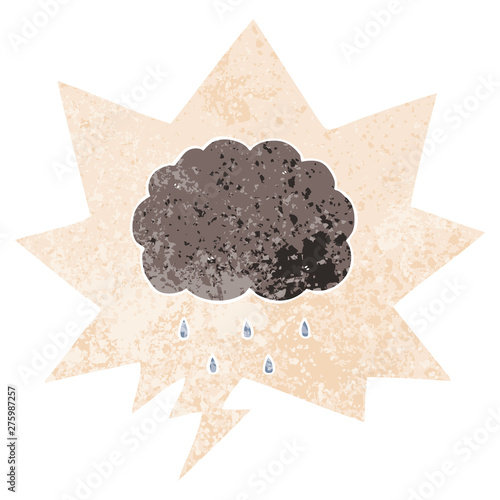 cartoon cloud raining and speech bubble in retro textured style