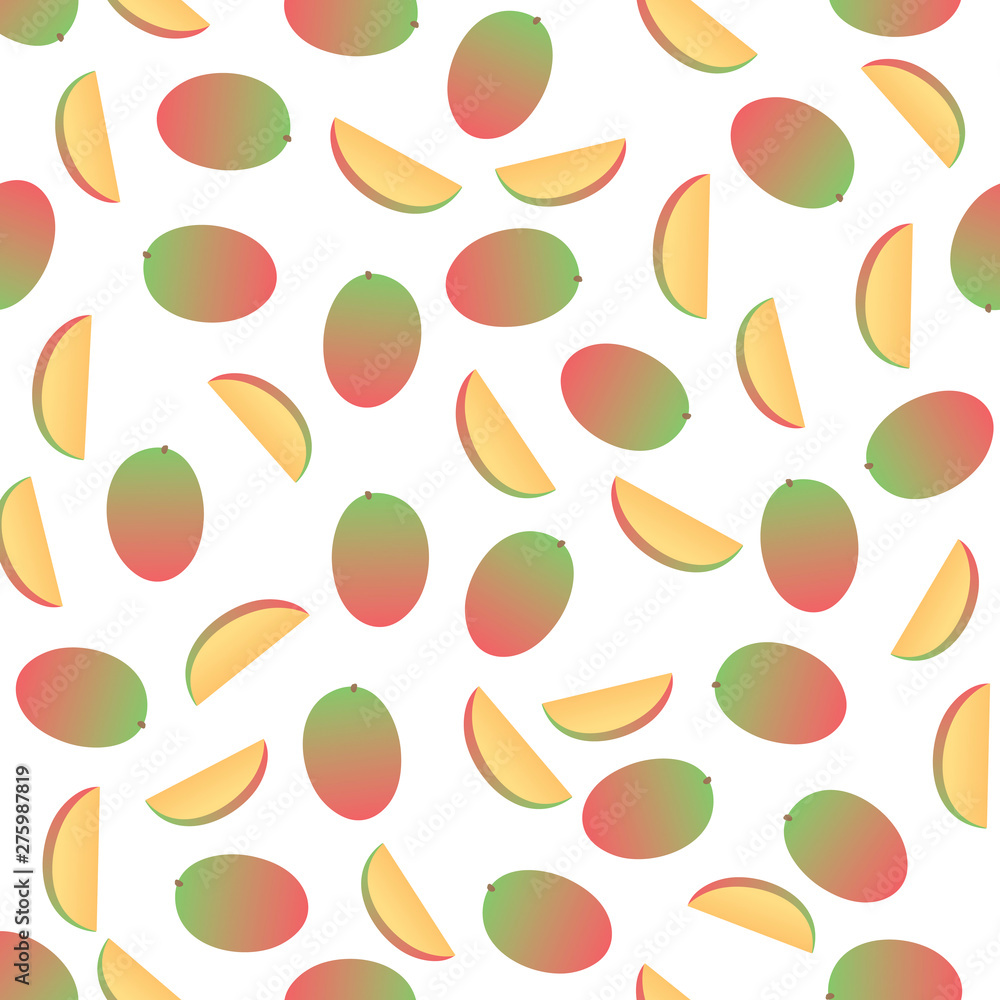 Vector fresh simple fruit seamless pattern. Irregular composition of ripe mango slices isolated on white background. Design repeate tile for decorative texture, textile, backdrop, wrapping paper. Vector fresh simple fruit seamless pattern. Irregular composition of ripe mango slices isolated on white background. Design repeate tile for decorative texture, textile, backdrop, wrapping paper.