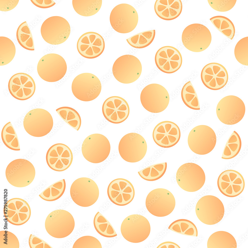 Vector fresh simple fruit seamless pattern. Irregular composition of citrus orange slices isolated on white background. Design repeate tile for decorative texture, textile, backdrop, wrapping paper. Vector fresh simple fruit seamless pattern. Irregular composition of citrus orange slices isolated on white background. Design repeate tile for decorative texture, textile, backdrop, wrapping paper.