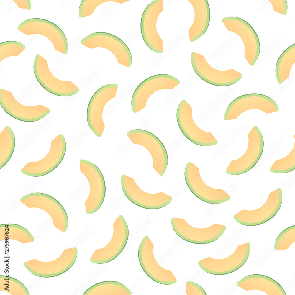 Vector fresh simple fruit seamless pattern. Irregular composition of ripe melon slices isolated on white background. Design repeate tile for decorative texture, textile, backdrop, wrapping paper. Vector fresh simple fruit seamless pattern. Irregular composition of ripe melon slices isolated on white background. Design repeate tile for decorative texture, textile, backdrop, wrapping paper.