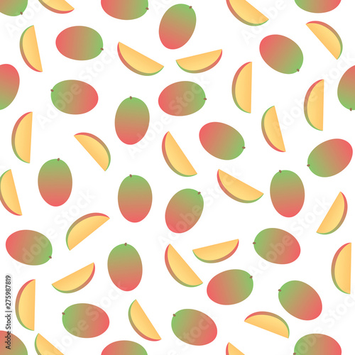 Vector fresh simple fruit seamless pattern. Irregular composition of ripe mango slices isolated on white background. Design repeate tile for decorative texture, textile, backdrop, wrapping paper.
