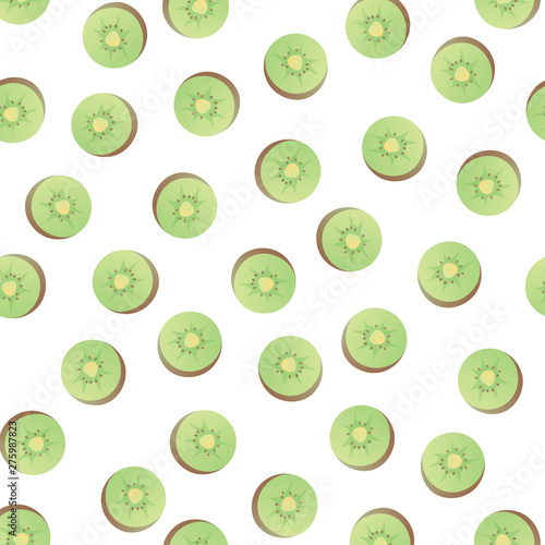 Vector modern simple fruit seamless pattern. Irregular composition of ripe fresh kiwi slices isolated on white background. Design repeate tile for decorative texture, textile, backdrop, wrapping paper