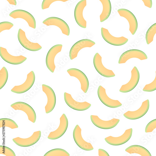 Vector fresh simple fruit seamless pattern. Irregular composition of ripe melon slices isolated on white background. Design repeate tile for decorative texture, textile, backdrop, wrapping paper.
