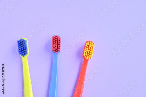 Colorful toothbrushes with selective focus on blurred purple background. Dental tools for daily teeth protection. Multicolored plastic toothbrush with bright bristles with soft focus. Oral hygiene 