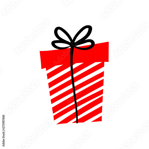 Giveaway vector illustration with gift int the box. Advertizing of giving present. Icon for gifts, presents, holidays, giveaway. Box with red and white stripes and black ribbon and bow.