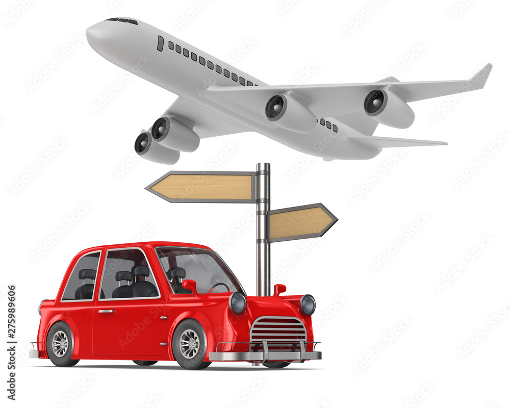 Red car and airplane on white background. Isolated 3D illustration