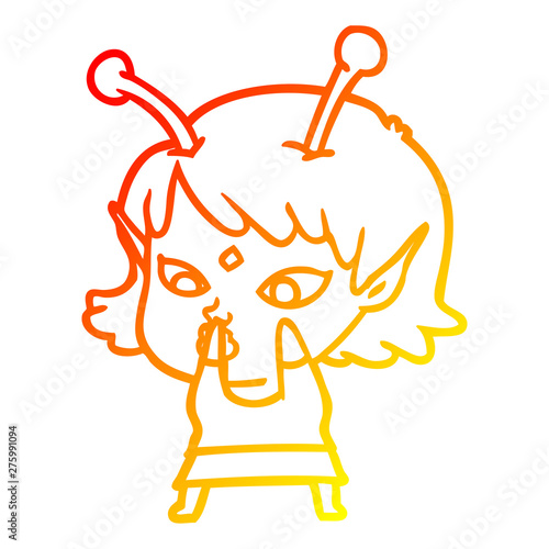 warm gradient line drawing pretty cartoon alien girl