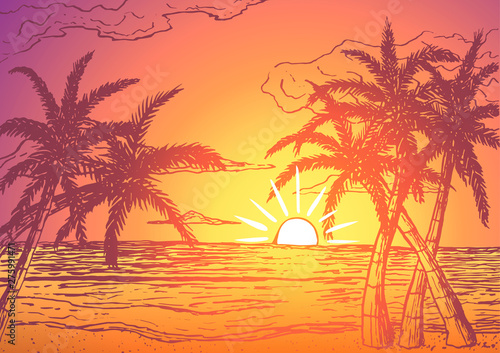 Fototapeta Naklejka Na Ścianę i Meble -  Palm trees on ocean shore at sunset hand-drawn