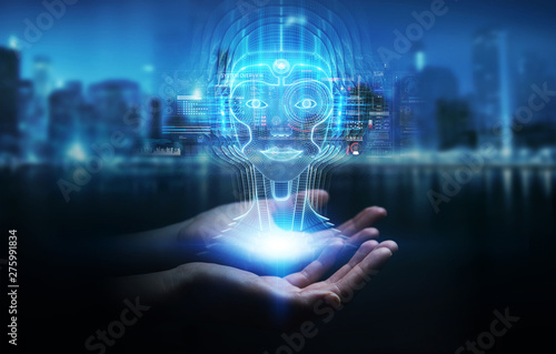 Businessman using digital artificial intelligence head interface 3D rendering