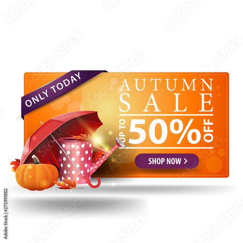 Modern autumn discount orange 3D banner with button, garden watering can, umbrella and ripe pumpkin