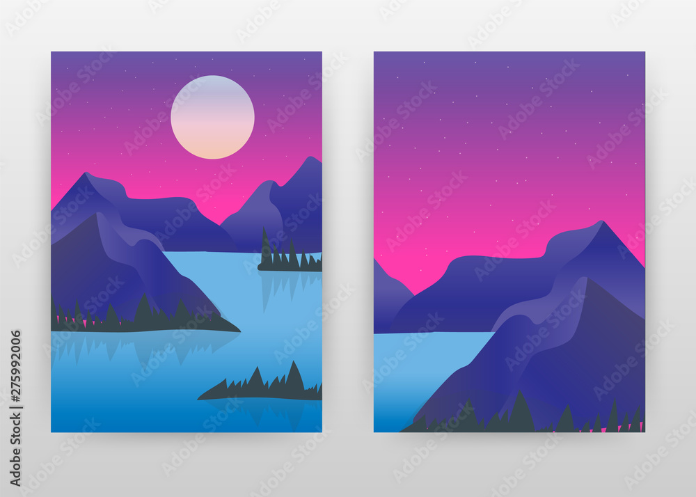 Moon with stars at night landscape business design annual report, brochure, flyer, poster. Mountains with moon landscape background vector illustration for flyer, poster. Abstract A4 brochure template