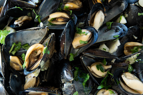 Close up view of cooked delicious black mussel. Healthy eating concept, rich protein food