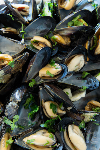 Close up view of cooked delicious black mussel. Healthy eating concept, rich protein food