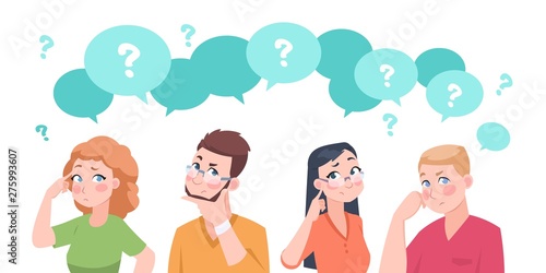 Thinking people group. Anxiety characters, flat crowd in doubt talking and confused, business team and social group. Vector cartoon businessman stressed question solutions overweight