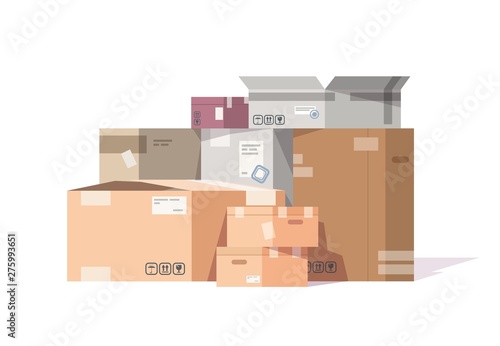 Cardboard boxes stack. Carton parcels and delivery packages pile, flat warehouse goods and cargo transportation. Vector isolated sealed boxes on white background