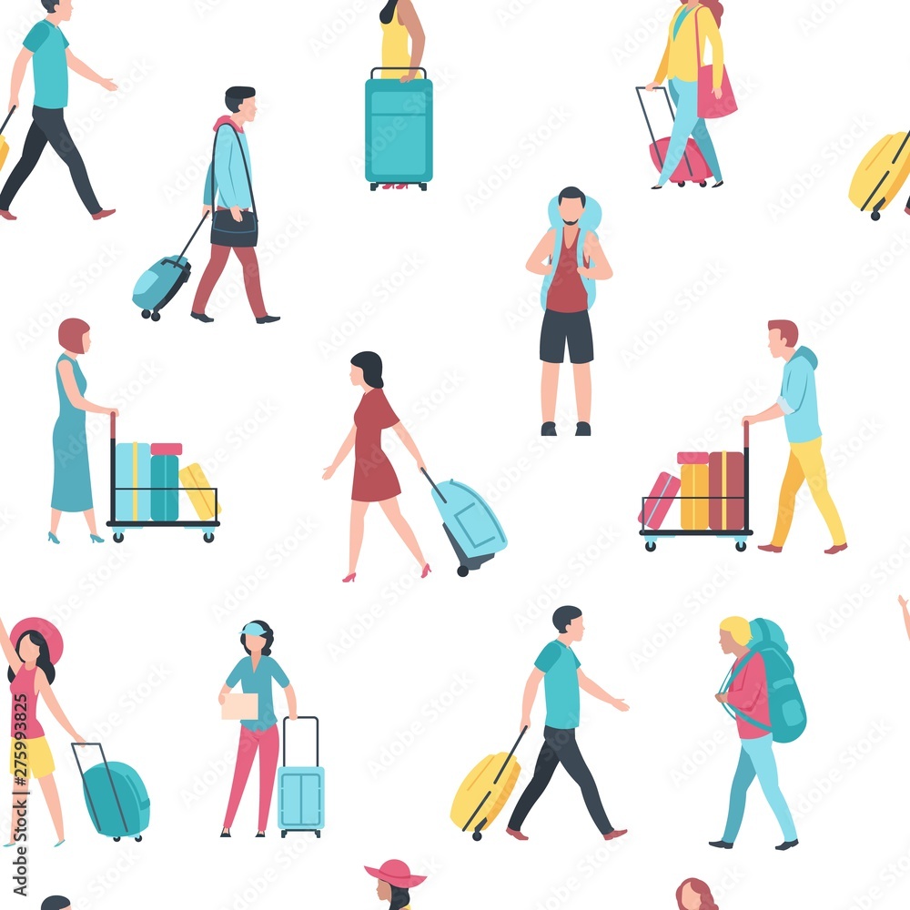 Seamless pattern with travel people. Airport tourist baggage crowd passengers 3d. Vector illustration vacation happy people with luggage