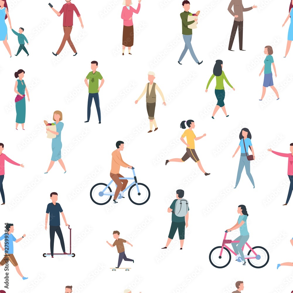 Seamless pattern with walking people. Persons in casual clothes, crowd walks in city. Vector flat illustration sketch cartoon fitness active human on white background