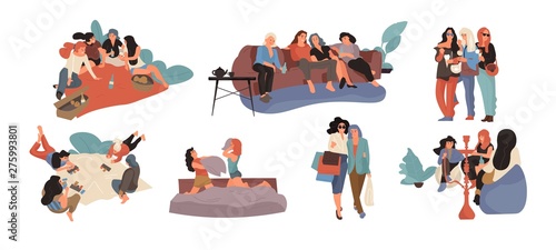 Girl friends. Young females shopping eating dancing and spending time together, women friendship concept. Vector image smile fashion people in cafe spa