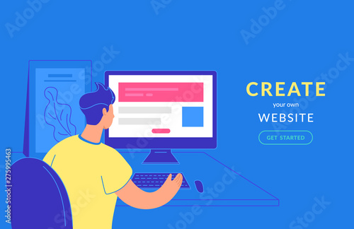 Create your own website flat vector illustration of young man sitting with pc and creating website