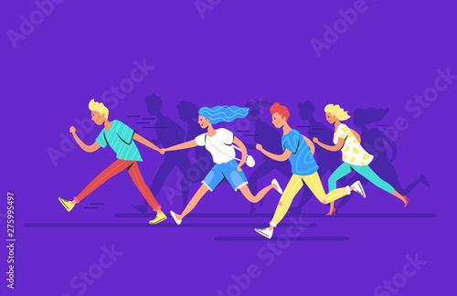 Teenage people running forward concept vector illustration of happy teenagers hurrying together to reach the goal