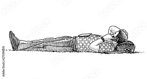 Sketch of a casual townsman lying on the lawn grass and talking on a mobile phone