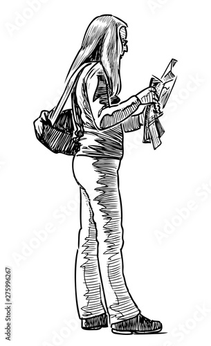 Sketch of a girl tourist standing with an urban map