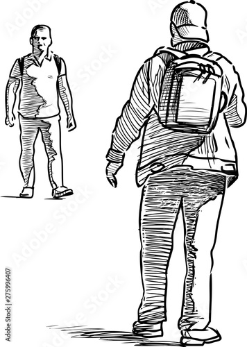 Sketches of the casual urban pedestrians going down the street