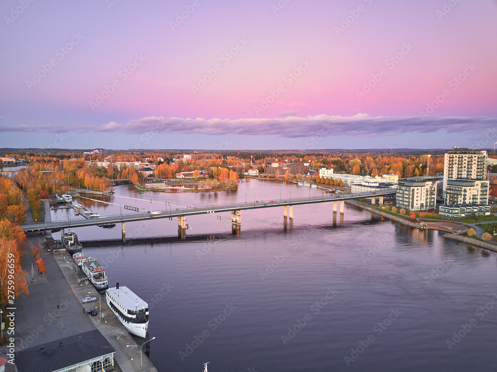 Aerial view of Pielisjoki river and the bridge Suvantosilta