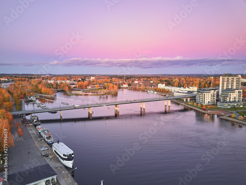 Aerial view of Pielisjoki river and the bridge Suvantosilta