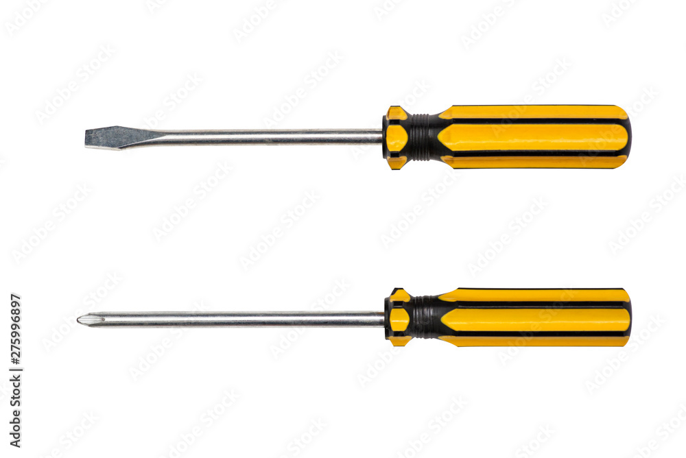 Slotted screw driver and phillips screw driver yellow colors isolated on white background - obrazy, fototapety, plakaty 