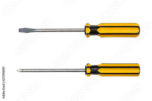 Fotografiet Slotted screw driver and phillips screw driver yellow colors isolated on white b