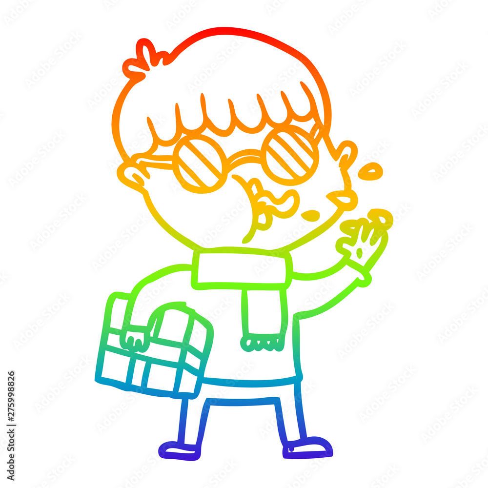 rainbow gradient line drawing cartoon boy wearing spectacles with christmas gift rainbow gradient line drawing cartoon boy wearing spectacles with christmas gift