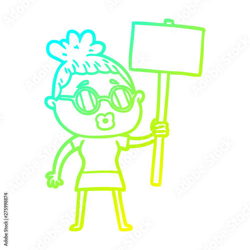 cold gradient line drawing cartoon protester woman wearing spectacles