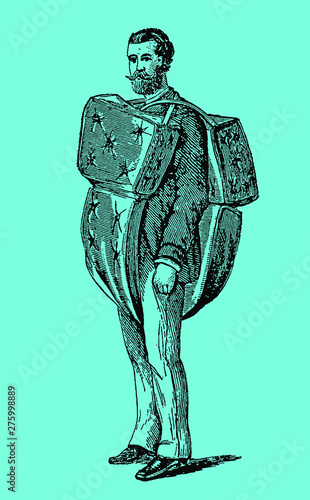 Funny antique invention. Life-preserving mattress to keep a person afloat in water. Illustration after an engraving from the 19th century. Editable in layers