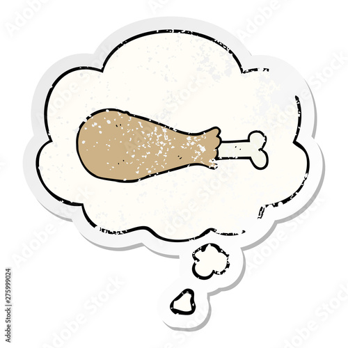 cartoon chicken leg and thought bubble as a distressed worn sticker