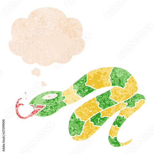 cartoon hissing snake and thought bubble in retro textured style