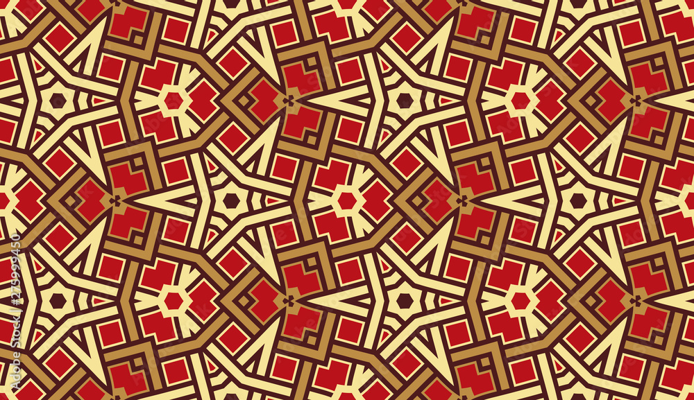 Seamless pattern with decorative ornament of red, brown, and beige shades