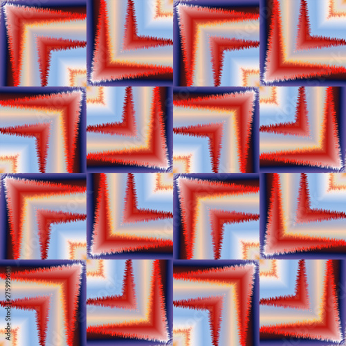 Seamless geometrical pattern of blue, red, orange and white shades