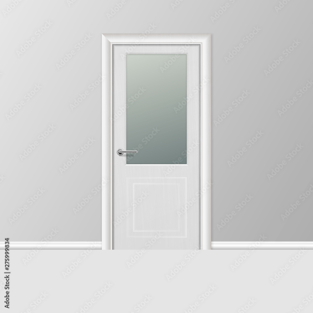 Vector Realistic 3d Simple Modern White Closed Door with Frame on Grey Wall in the Empty Room. Interior Design Element. Design Template for Graphics Vector Realistic 3d Simple Modern White Closed Door with Frame on Grey Wall in the Empty Room. Interior Design Element. Design Template for Graphics