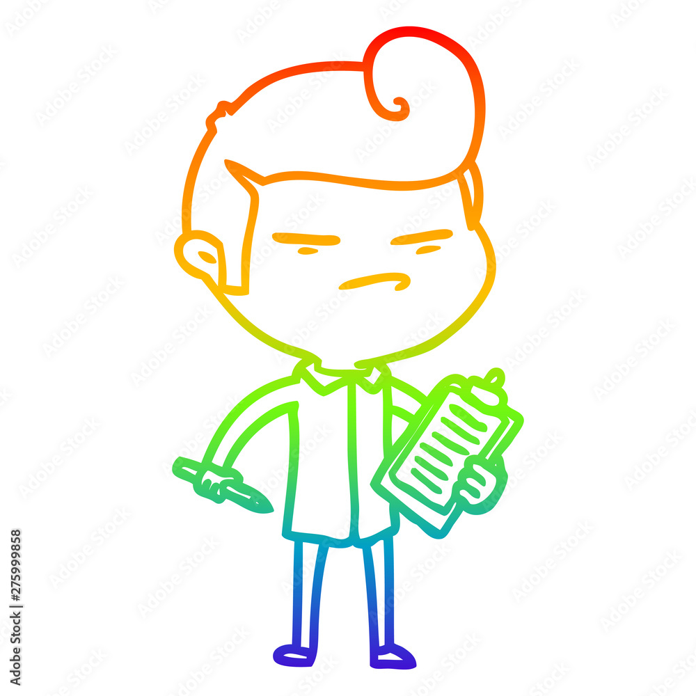 rainbow gradient line drawing cartoon cool guy with fashion hair cut and clip board