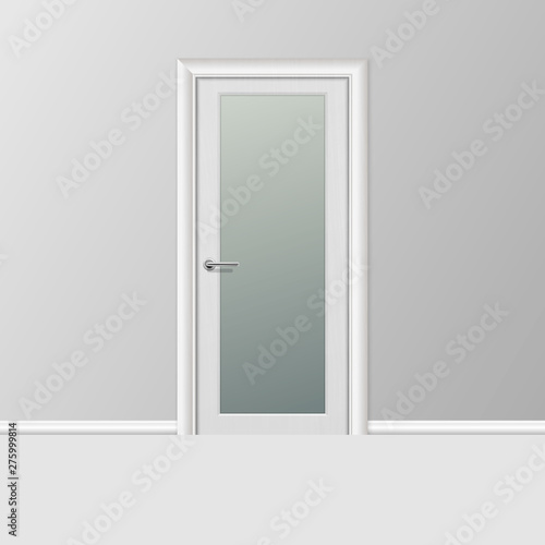 Fototapeta Naklejka Na Ścianę i Meble -  Vector Realistic 3d Simple Modern White Closed Door with Frame on Grey Wall in the Empty Room. Interior Design Element. Design Template for Graphics