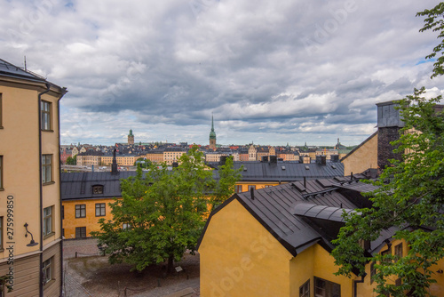 Old houses in the district of Södermalm in Stockholm a summer day with clouds