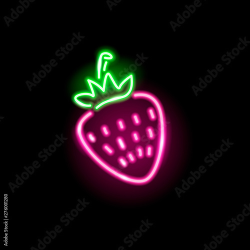 Neon icon of strawberry isolated on black background. Summer, food, fresh concept for logo, banner. Vector 10 EPS illustration.