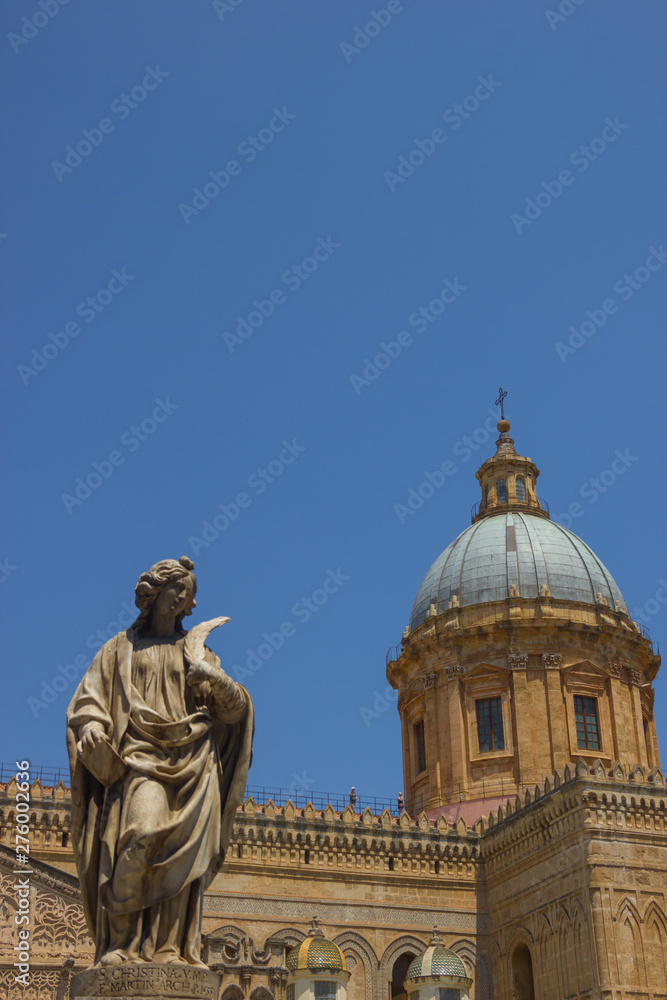 Vertical view of a detail at the cathedral of Palermo Sicily, detail of the historical dome and statue