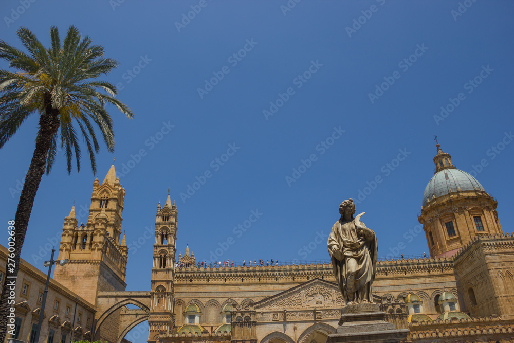 Beautiful wide view of the historical tourist cathedral of Palermo Sicily, building of Unesco heritage