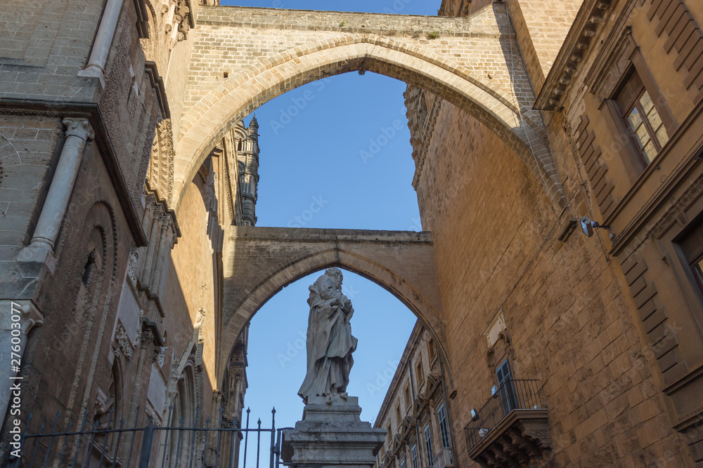 Close view of the old arches of the cathedral of Palermo Sicily, connecting the monument church and the historical building aside